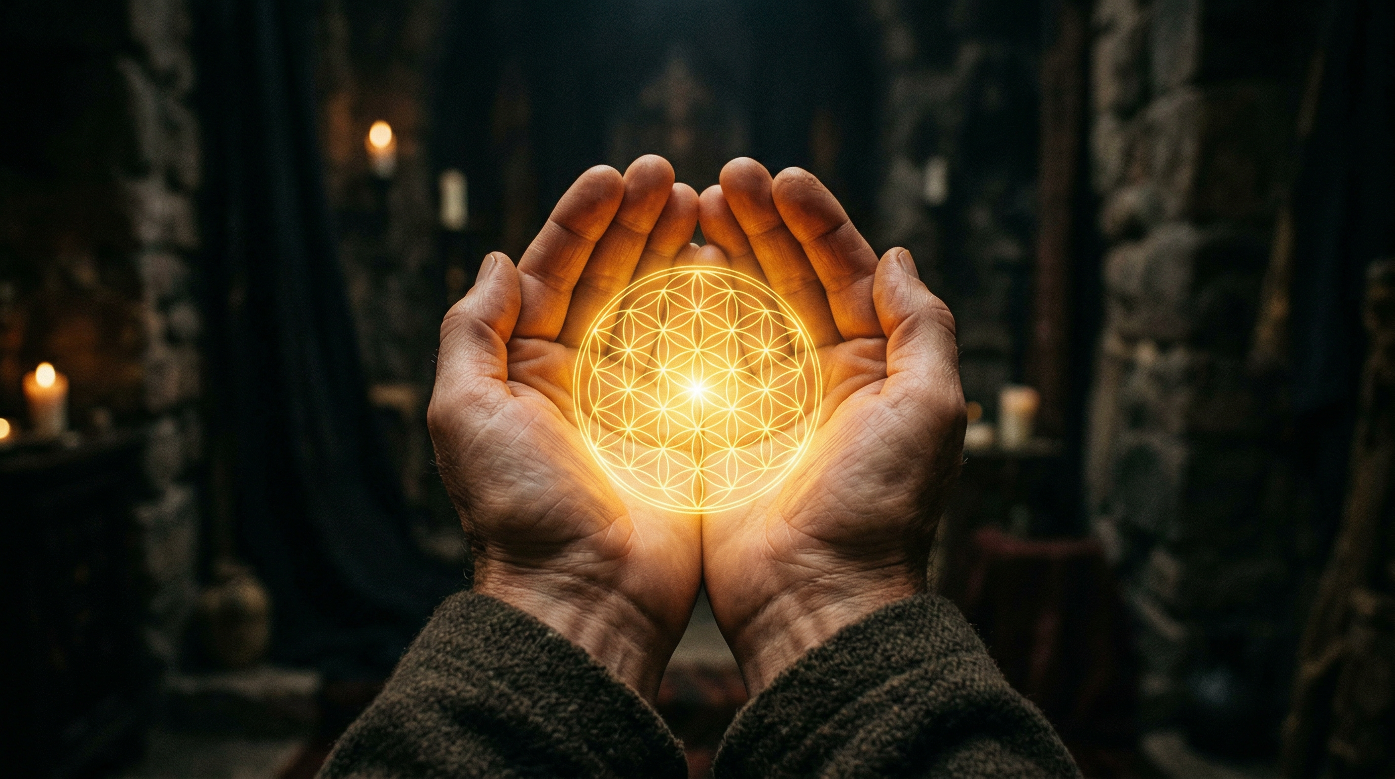 Sacred geometry patterns — flower of life overlaid on a meditating figure