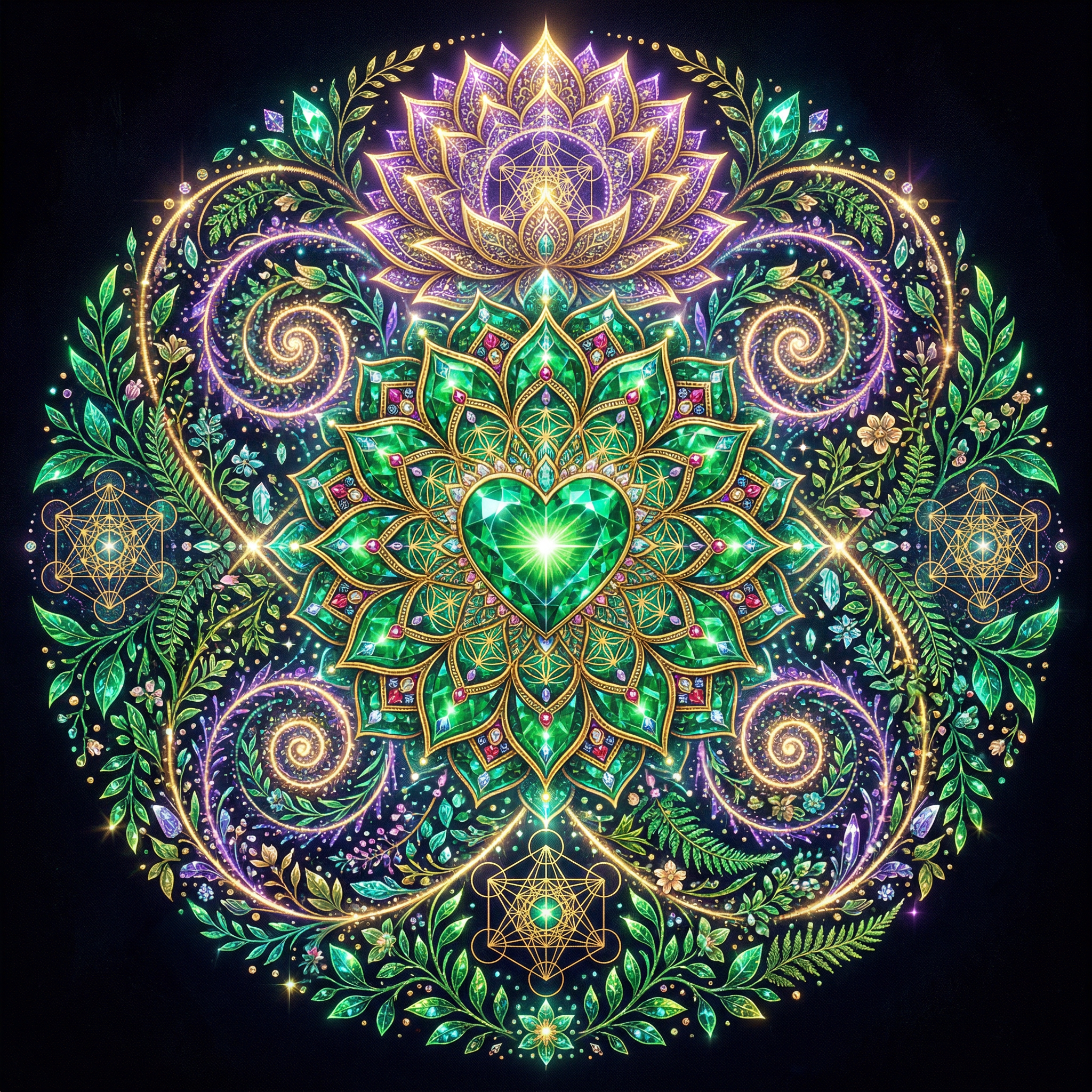 Heart chakra mandala with rose and emerald hues blooming in sacred symmetry