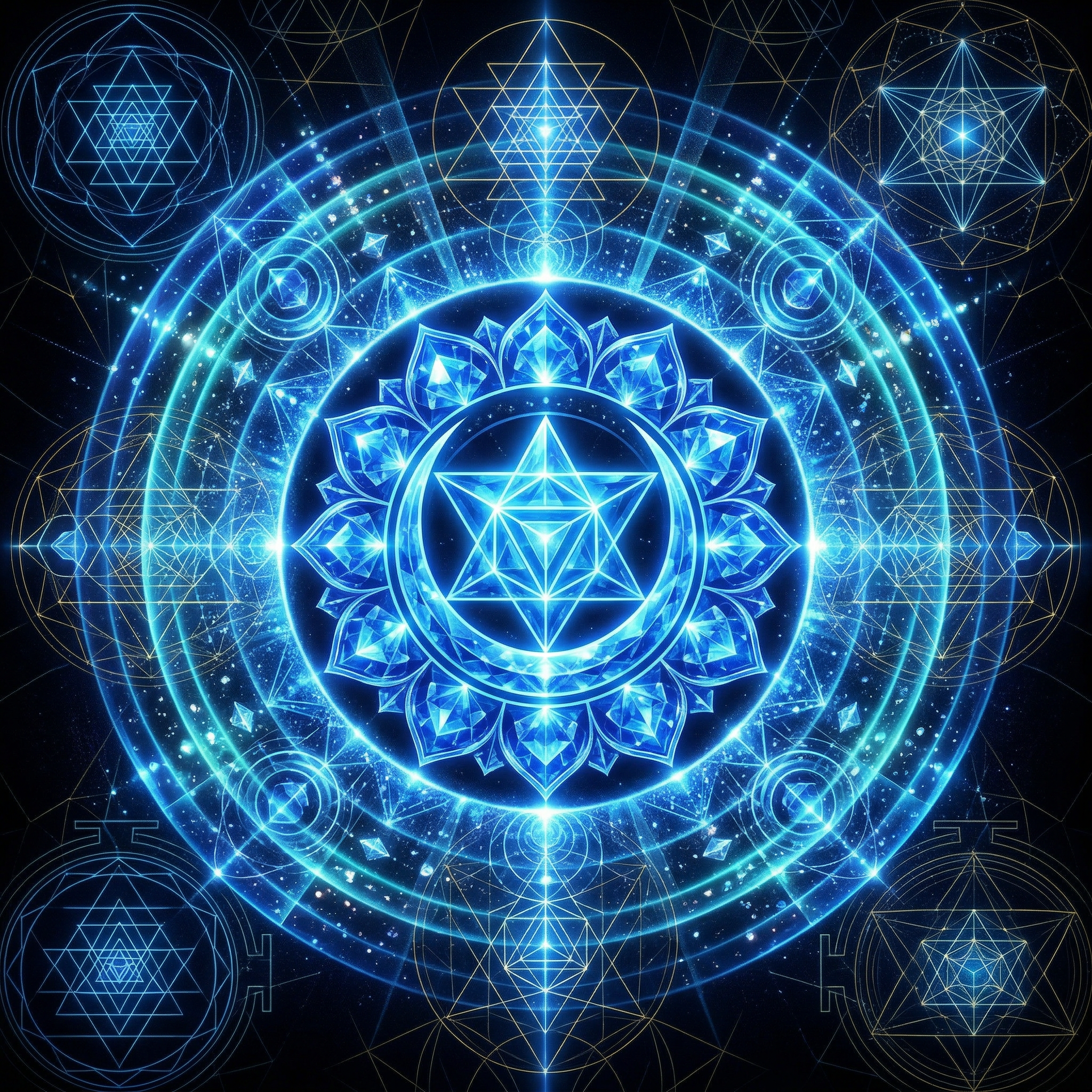 Breath visualization — luminous air currents forming Fibonacci spirals around a meditating figure